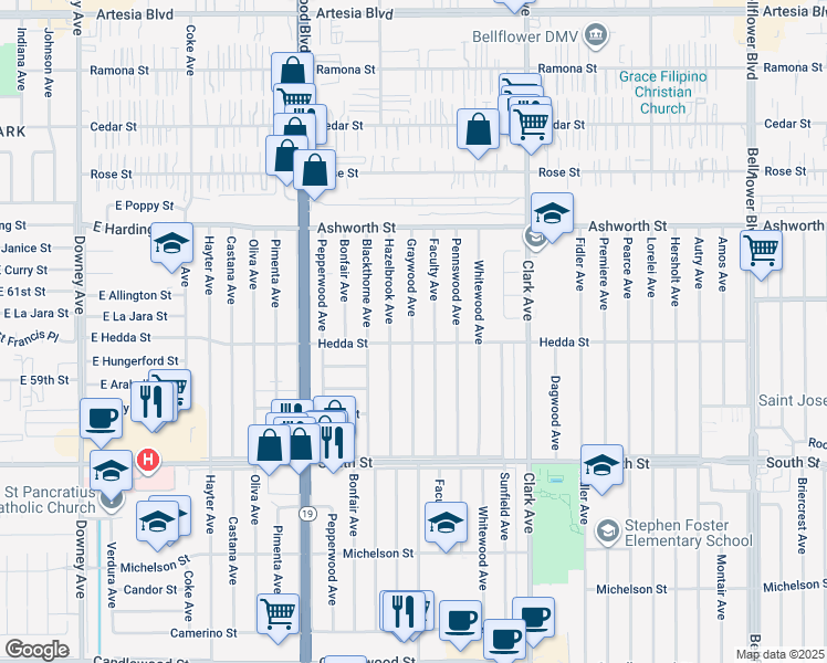 map of restaurants, bars, coffee shops, grocery stores, and more near 4614 Hedda Street in Lakewood