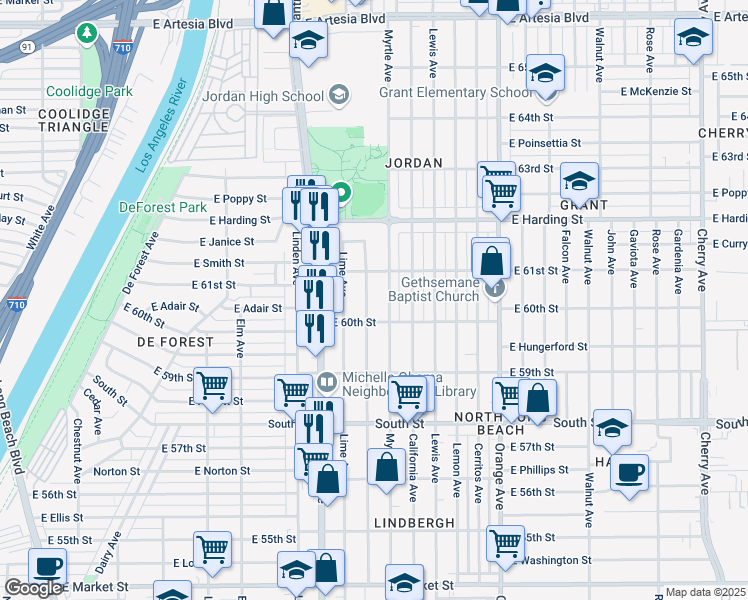 map of restaurants, bars, coffee shops, grocery stores, and more near 5993 Myrtle Avenue in Long Beach