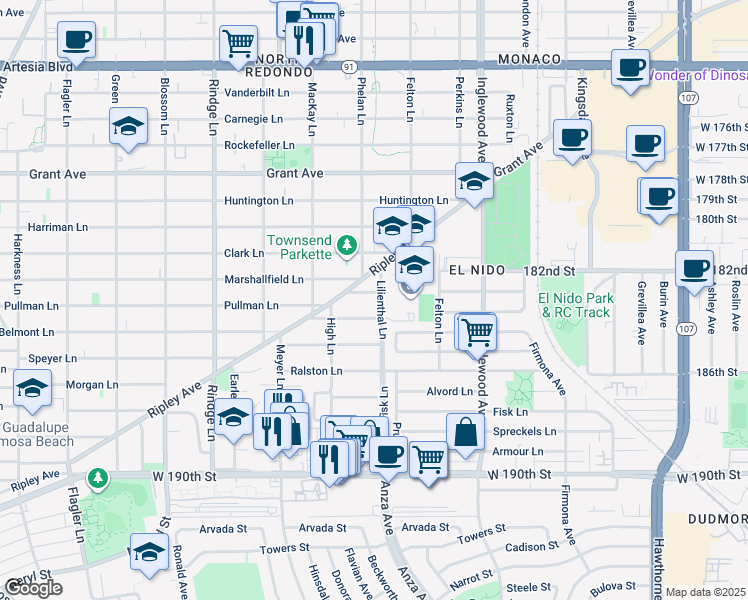 map of restaurants, bars, coffee shops, grocery stores, and more near 2415 Ives Lane in Redondo Beach
