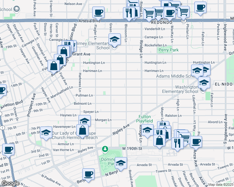 map of restaurants, bars, coffee shops, grocery stores, and more near 2016 Pullman Lane in Redondo Beach