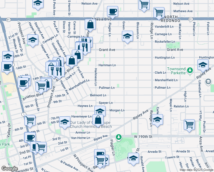 map of restaurants, bars, coffee shops, grocery stores, and more near 1812 Pullman Lane in Redondo Beach