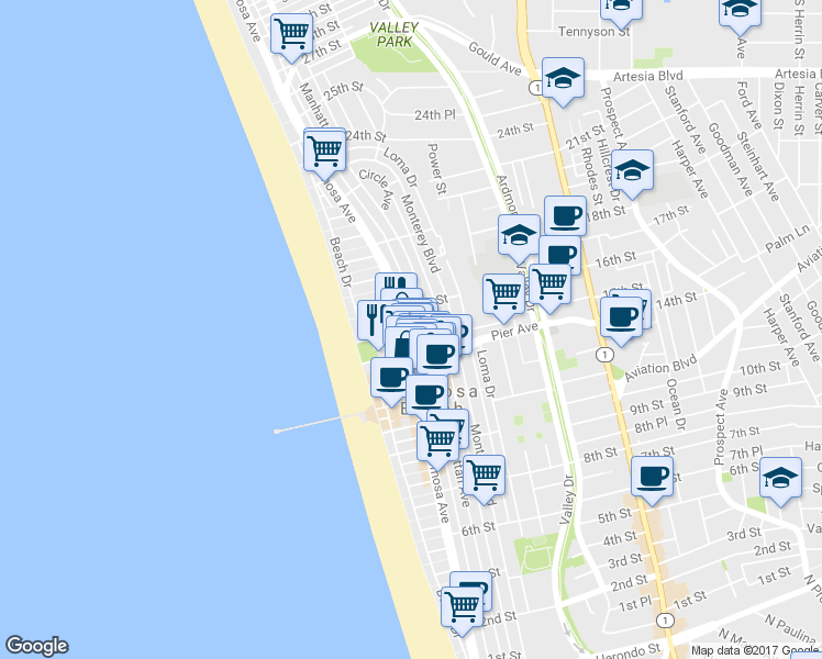 map of restaurants, bars, coffee shops, grocery stores, and more near 74 15th Court in Hermosa Beach