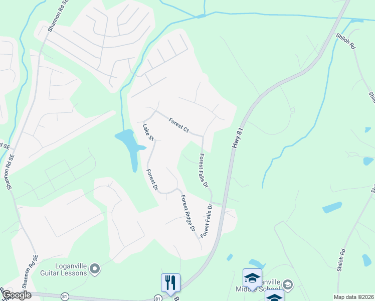 map of restaurants, bars, coffee shops, grocery stores, and more near 2905 Valley Court in Loganville
