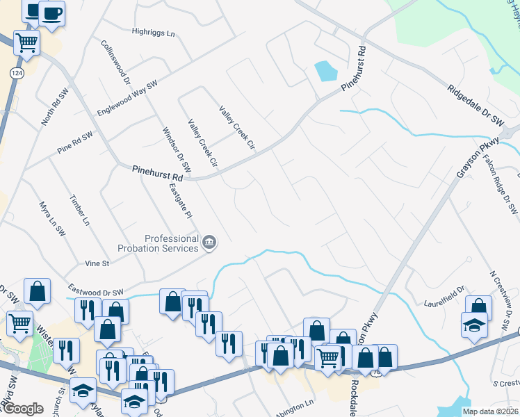 map of restaurants, bars, coffee shops, grocery stores, and more near 2359 Radbury Lane in Snellville