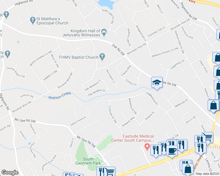 map of restaurants, bars, coffee shops, grocery stores, and more near 3145 Oak Meadow Drive in Snellville