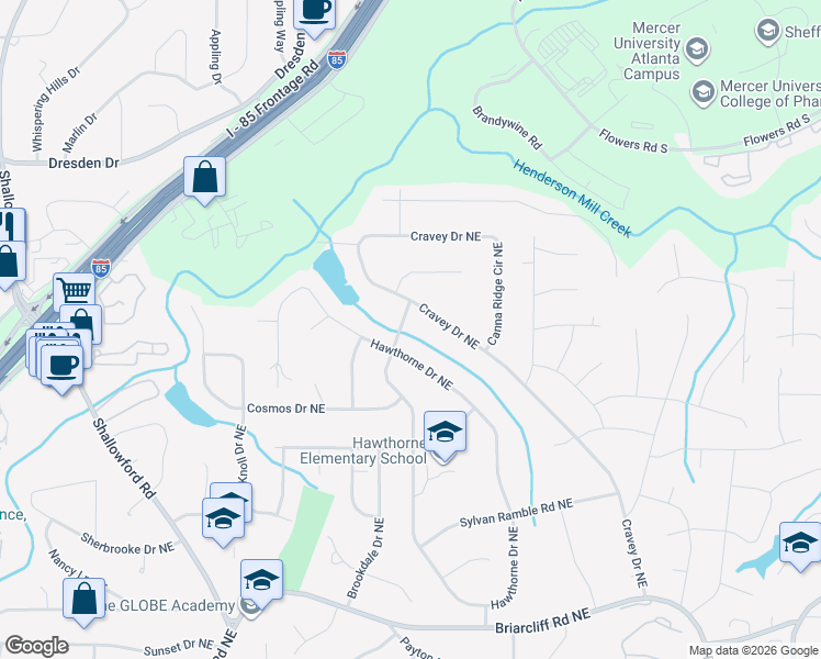 map of restaurants, bars, coffee shops, grocery stores, and more near 2679 Caladium Drive Northeast in Atlanta