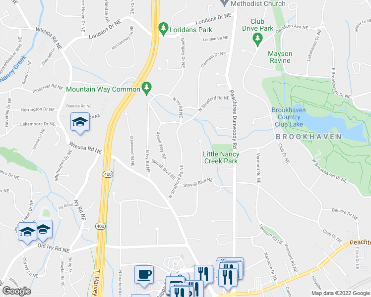 map of restaurants, bars, coffee shops, grocery stores, and more near 4005 North Stratford Road Northeast in Atlanta