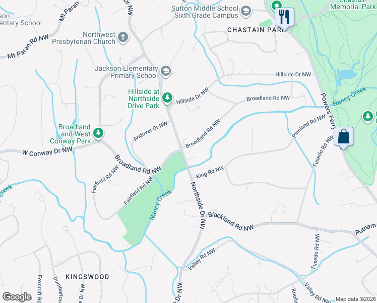 map of restaurants, bars, coffee shops, grocery stores, and more near 3985 Northside Drive Northwest in Atlanta