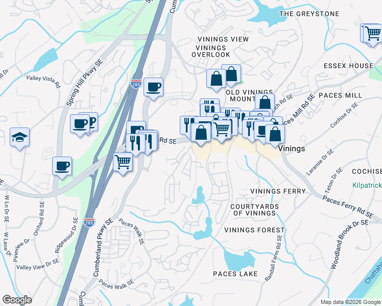 map of restaurants, bars, coffee shops, grocery stores, and more near 2734 Broughton Lane in Atlanta