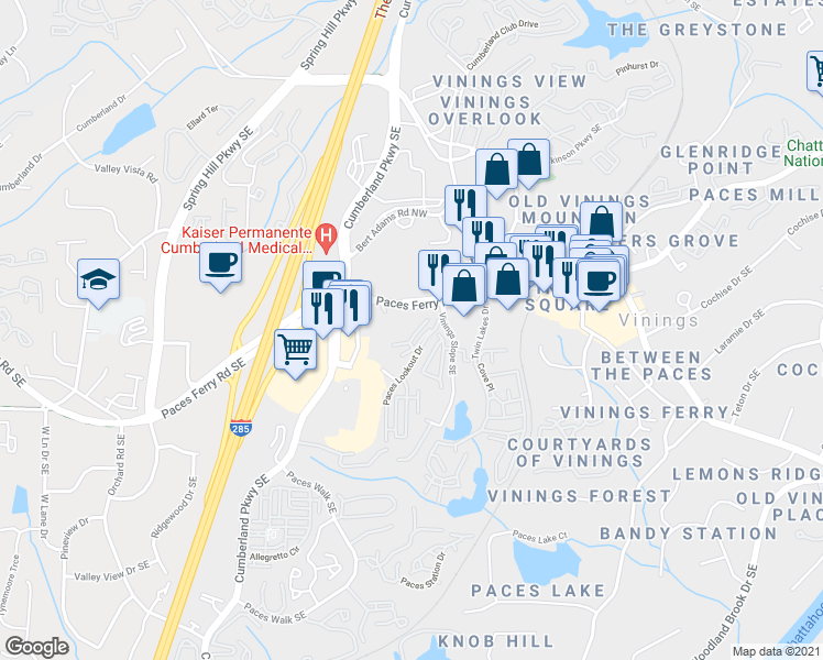 map of restaurants, bars, coffee shops, grocery stores, and more near 2801 Paces Lookout Lane Southeast in Atlanta