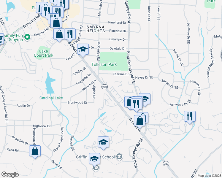 map of restaurants, bars, coffee shops, grocery stores, and more near 302 Walton Way Southeast in Smyrna