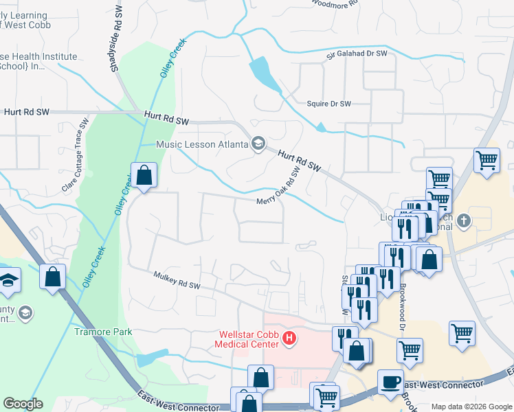 map of restaurants, bars, coffee shops, grocery stores, and more near 1767 Merry Oak Road Southwest in Marietta