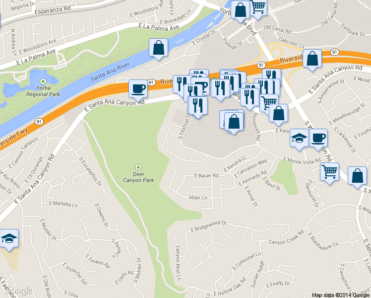 map of restaurants, bars, coffee shops, grocery stores, and more near 205 South Festival Drive in Anaheim