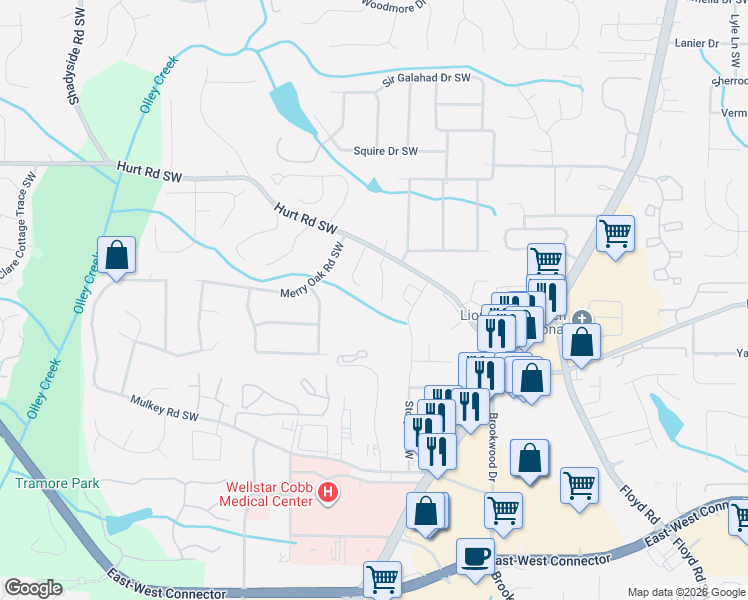 map of restaurants, bars, coffee shops, grocery stores, and more near 3618 Janna Lane Southwest in Marietta