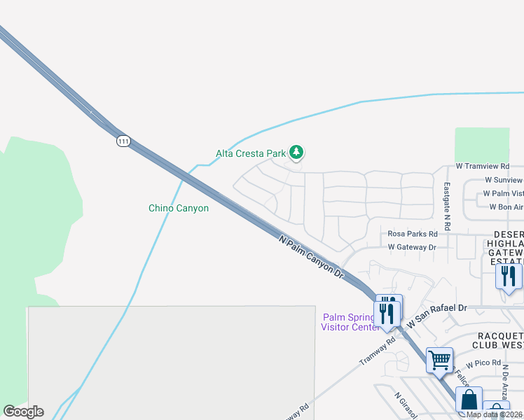 map of restaurants, bars, coffee shops, grocery stores, and more near 1197 Oro Ridge in Palm Springs