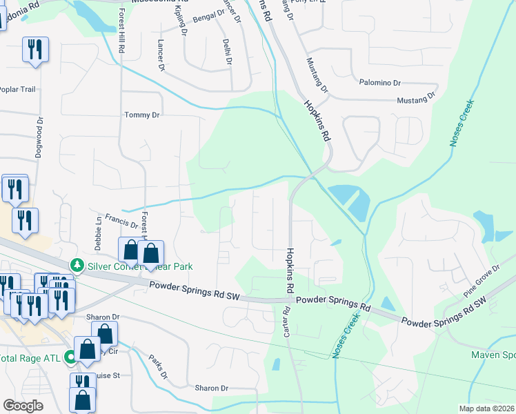 map of restaurants, bars, coffee shops, grocery stores, and more near 3864 Misty Bleau Drive in Powder Springs