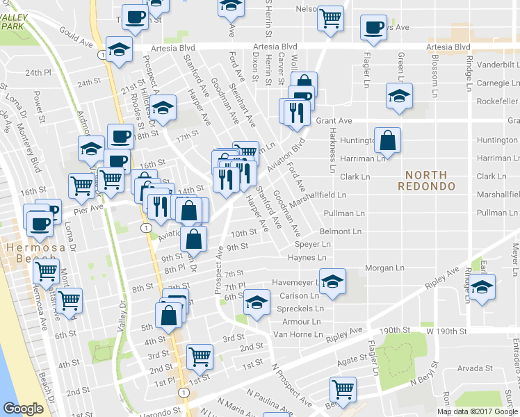 map of restaurants, bars, coffee shops, grocery stores, and more near 1244 11th Street in Hermosa Beach
