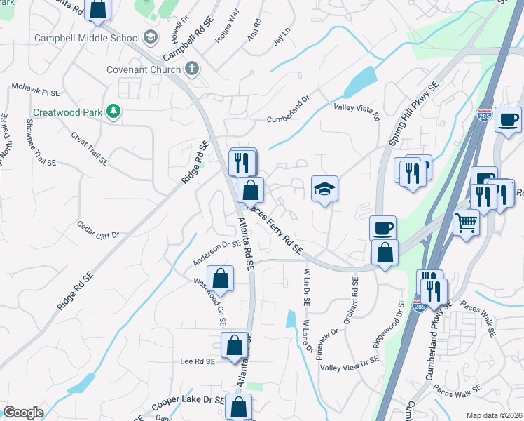 map of restaurants, bars, coffee shops, grocery stores, and more near 3711 Paces Park Circle Southeast in Smyrna