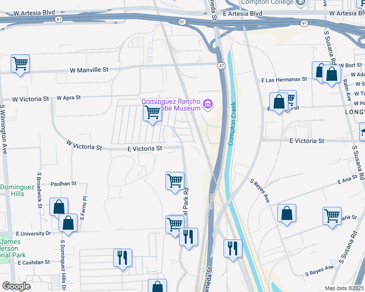 map of restaurants, bars, coffee shops, grocery stores, and more near 2601 East Victoria Street in Compton