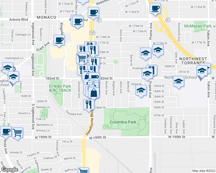 map of restaurants, bars, coffee shops, grocery stores, and more near 18304 Roslin Avenue in Torrance