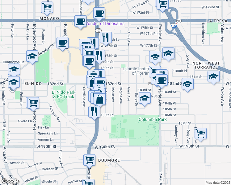 map of restaurants, bars, coffee shops, grocery stores, and more near 18304 Roslin Avenue in Torrance
