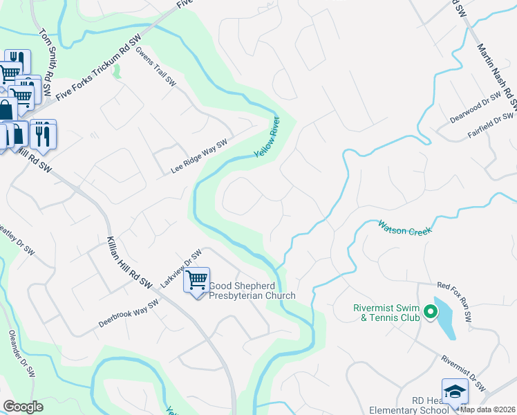 map of restaurants, bars, coffee shops, grocery stores, and more near 1431 Sandford Trail in Lilburn