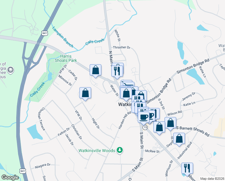 map of restaurants, bars, coffee shops, grocery stores, and more near 39 Durham Street in Watkinsville