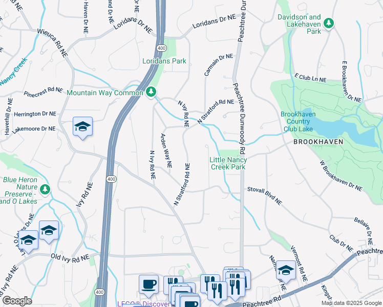 map of restaurants, bars, coffee shops, grocery stores, and more near 4005 North Stratford Road Northeast in Atlanta