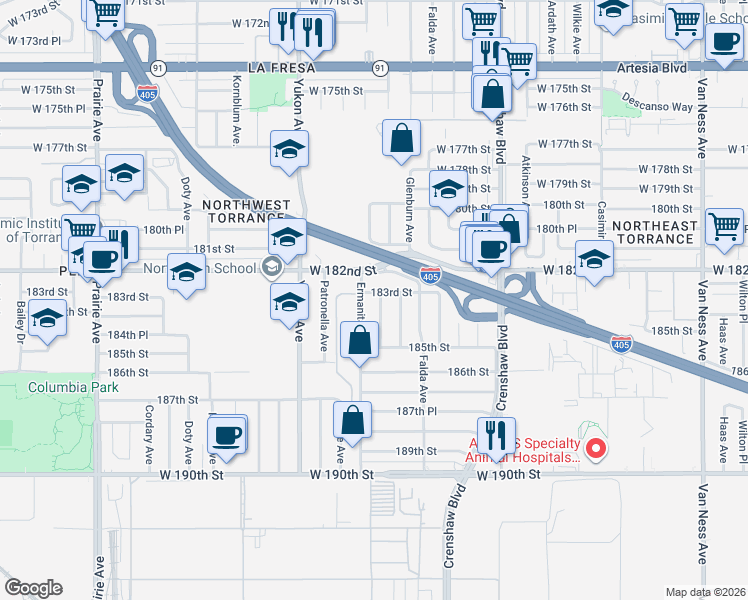 map of restaurants, bars, coffee shops, grocery stores, and more near 18309 Faysmith Avenue in Torrance