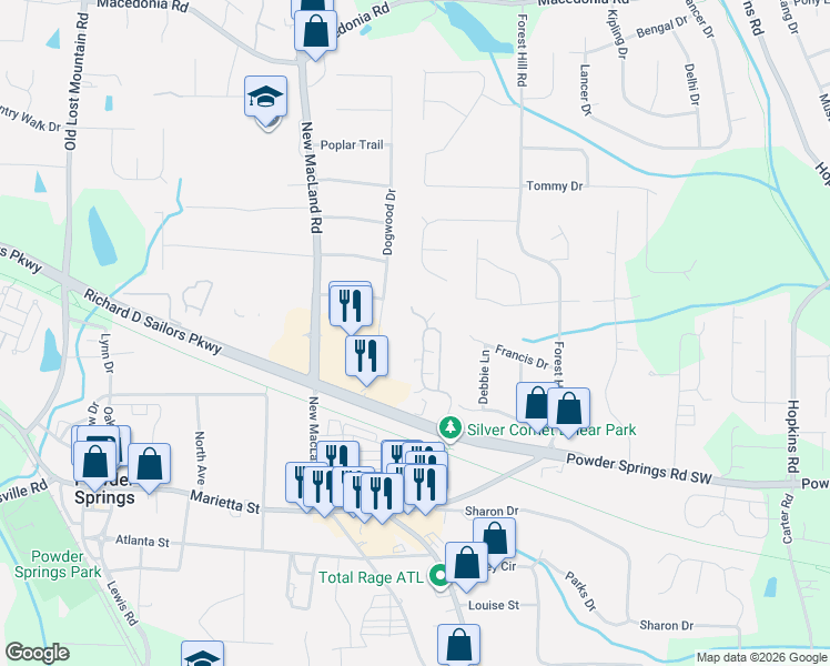 map of restaurants, bars, coffee shops, grocery stores, and more near 3786 Villa Springs Circle Southwest in Powder Springs