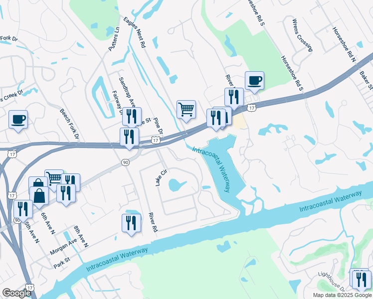 map of restaurants, bars, coffee shops, grocery stores, and more near 4645 Lightkeepers Way in Little River