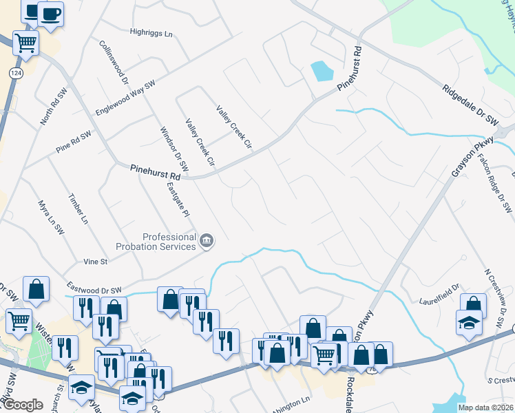 map of restaurants, bars, coffee shops, grocery stores, and more near 2359 Radbury Ln in Snellville