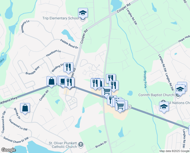 map of restaurants, bars, coffee shops, grocery stores, and more near 2945 Rosebud Road in Loganville