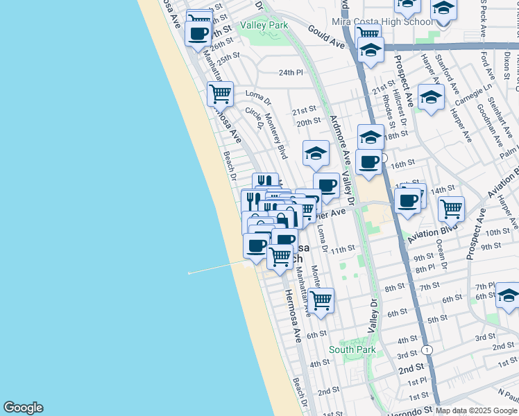 map of restaurants, bars, coffee shops, grocery stores, and more near in Hermosa Beach