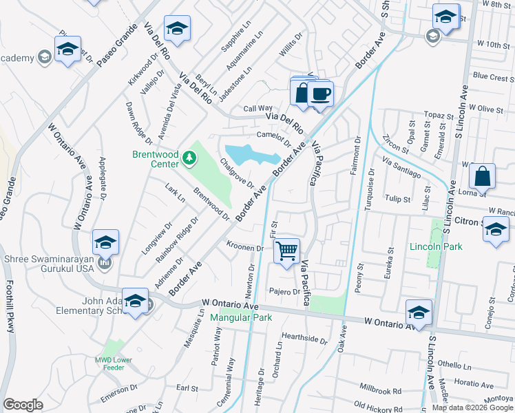 map of restaurants, bars, coffee shops, grocery stores, and more near 1535 Border Avenue in Corona