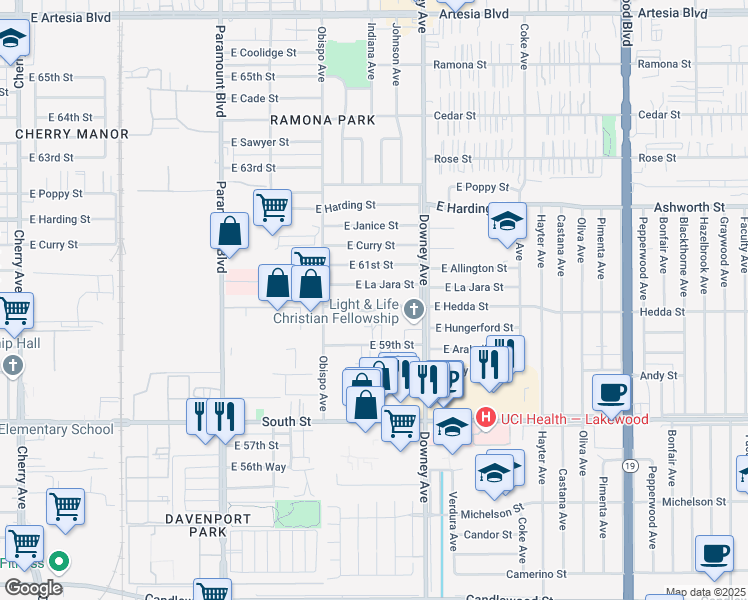 map of restaurants, bars, coffee shops, grocery stores, and more near 3341 Saint Francis Place in Long Beach