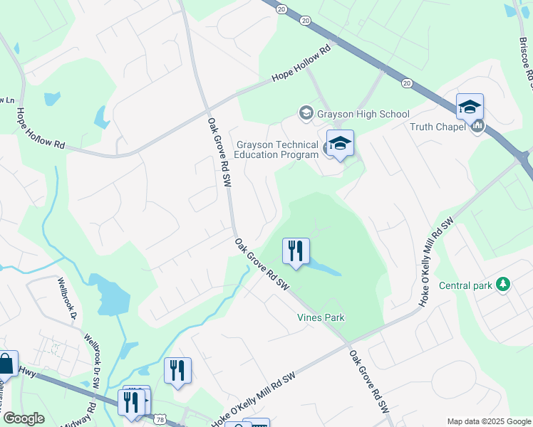 map of restaurants, bars, coffee shops, grocery stores, and more near 3404 Watson Meadow Lane Southwest in Loganville