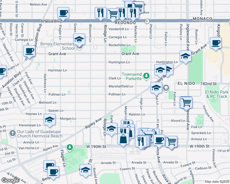 map of restaurants, bars, coffee shops, grocery stores, and more near 1007 Slauson Lane in Redondo Beach