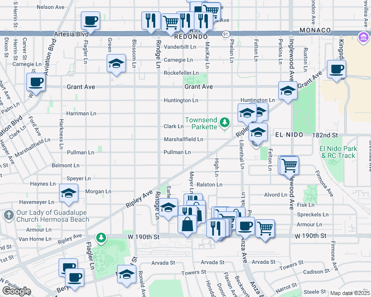 map of restaurants, bars, coffee shops, grocery stores, and more near 1102 Slauson Lane in Redondo Beach