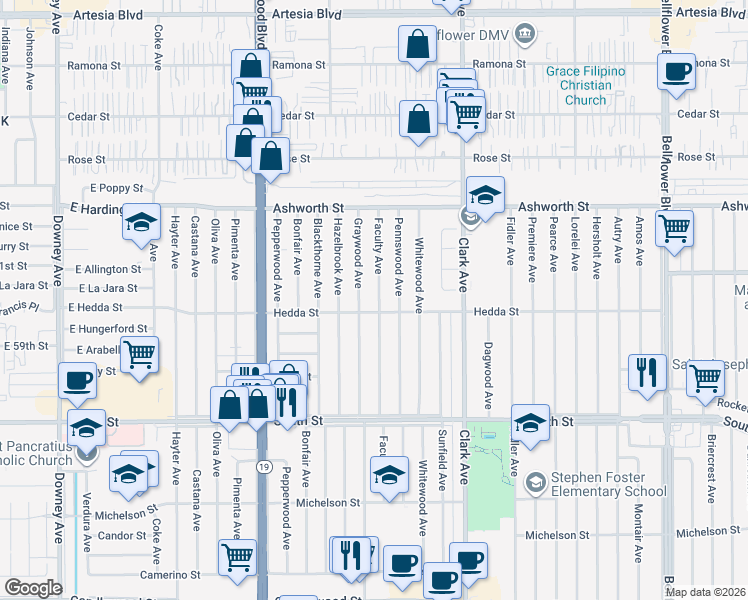 map of restaurants, bars, coffee shops, grocery stores, and more near 6013 Faculty Avenue in Lakewood