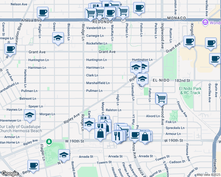 map of restaurants, bars, coffee shops, grocery stores, and more near 2321 Pullman Lane in Redondo Beach