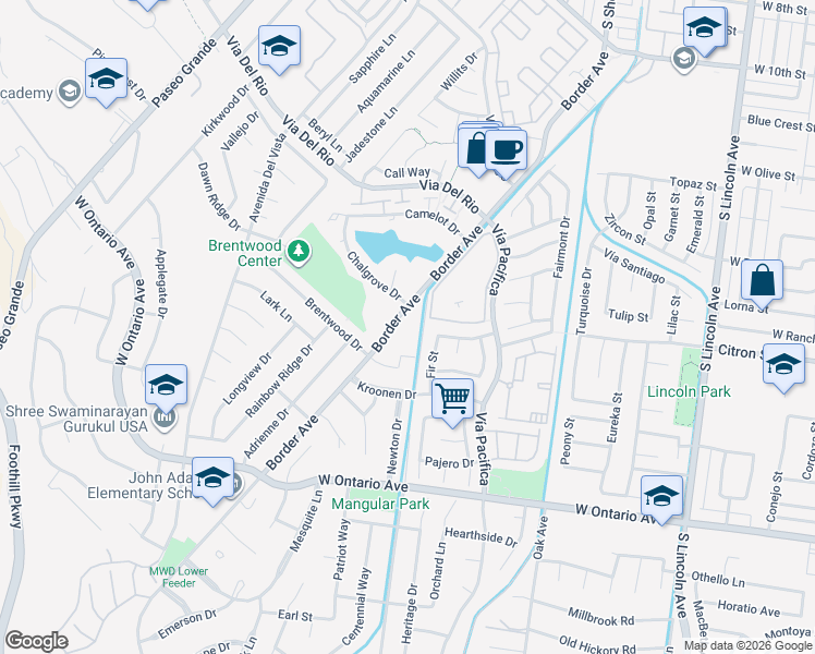 map of restaurants, bars, coffee shops, grocery stores, and more near 1535 Border Avenue in Corona