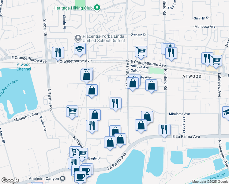 map of restaurants, bars, coffee shops, grocery stores, and more near 721 South Van Buren Street in Placentia