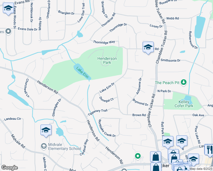 map of restaurants, bars, coffee shops, grocery stores, and more near 2624 Lake Erin Drive in Tucker