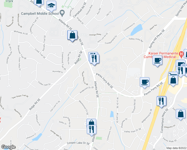 map of restaurants, bars, coffee shops, grocery stores, and more near Atlanta Rd SE & Paces Ferry Rd SE in Smyrna