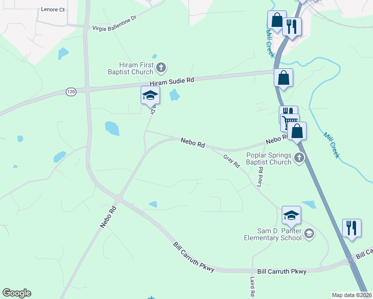 map of restaurants, bars, coffee shops, grocery stores, and more near 7606 Nebo Road in Hiram