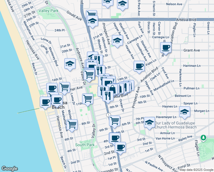 map of restaurants, bars, coffee shops, grocery stores, and more near 831 13th Street in Hermosa Beach