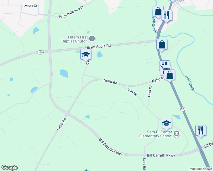 map of restaurants, bars, coffee shops, grocery stores, and more near 7606 Nebo Road in Hiram