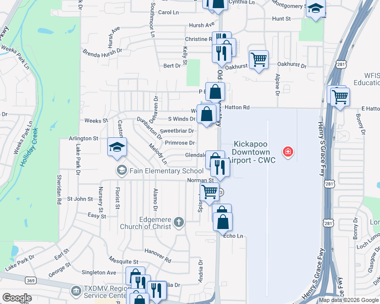 map of restaurants, bars, coffee shops, grocery stores, and more near 1525 Glendale Drive in Wichita Falls