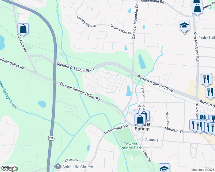 map of restaurants, bars, coffee shops, grocery stores, and more near 3594 Lilac Springs Drive in Powder Springs